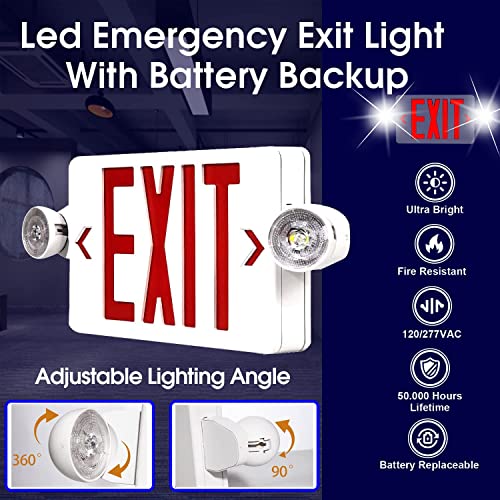 LED Exit Sign with Emergency Light, Double Sided Red with Battery Backup, Rotatable Light Head, AC 120V/277V, UL Listed Commercial LED Emergency Exit Light (1Pack, Red)