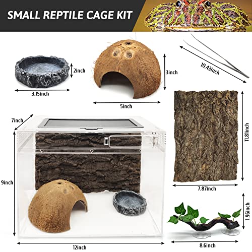 Hamiledyi Reptile PC Glass Terrarium, Amphibians Tank Starter Kits Transparent Small Lizard Habitat Enclosure Gecko Cage Accessories for Snake Lizard Turtle Frogs 12x9x7 Inch