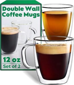 eparé 12 oz double wall coffee mugs set of 2 - large iced latte glass coffee cups with handle - lightweight double walled glass coffee mug - cappuccino, tea, or espresso glass cups