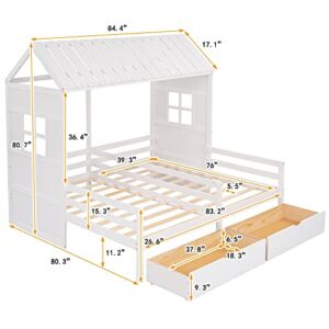 P PURLOVE Double Shared Bed,Twin Size House Platform Beds with Two Drawers for Boy and Girl Shared Beds, House Bed Frame Combination of 2 Side by Side Twin Size Beds,White