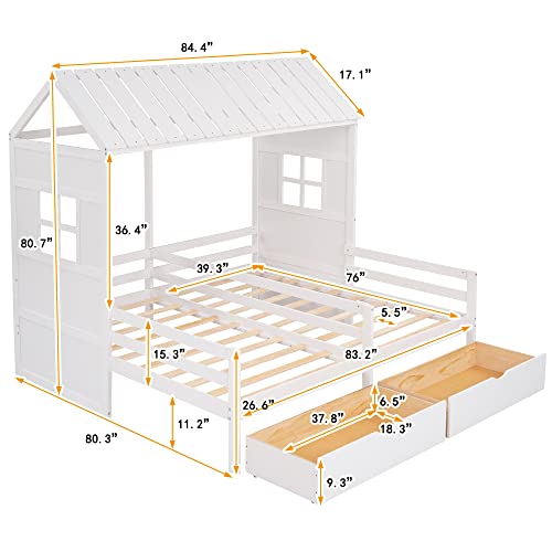 P PURLOVE Double Shared Bed,Twin Size House Platform Beds with Two Drawers for Boy and Girl Shared Beds, House Bed Frame Combination of 2 Side by Side Twin Size Beds,White