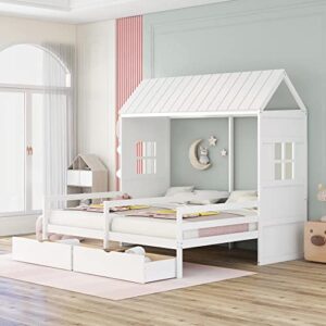 P PURLOVE Double Shared Bed,Twin Size House Platform Beds with Two Drawers for Boy and Girl Shared Beds, House Bed Frame Combination of 2 Side by Side Twin Size Beds,White