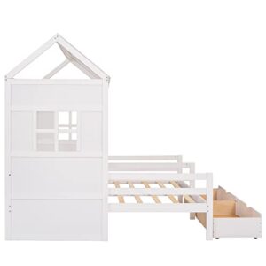 P PURLOVE Double Shared Bed,Twin Size House Platform Beds with Two Drawers for Boy and Girl Shared Beds, House Bed Frame Combination of 2 Side by Side Twin Size Beds,White