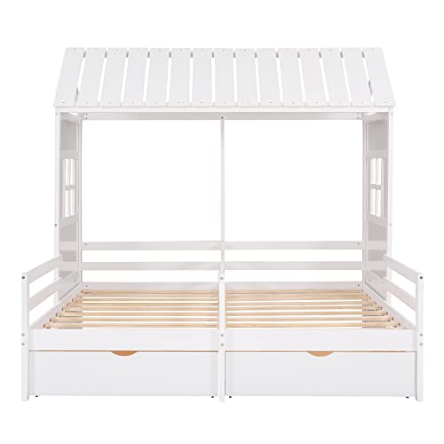 P PURLOVE Double Shared Bed,Twin Size House Platform Beds with Two Drawers for Boy and Girl Shared Beds, House Bed Frame Combination of 2 Side by Side Twin Size Beds,White