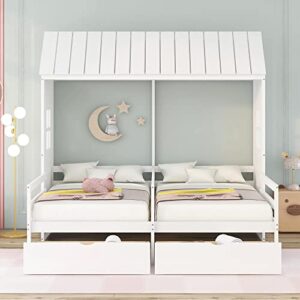 P PURLOVE Double Shared Bed,Twin Size House Platform Beds with Two Drawers for Boy and Girl Shared Beds, House Bed Frame Combination of 2 Side by Side Twin Size Beds,White