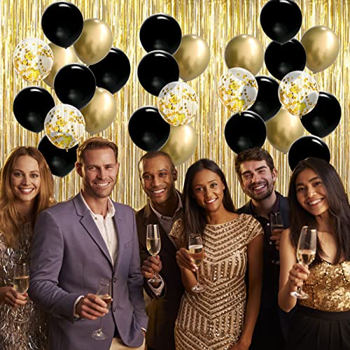 Black and Gold Party Decorations Kit, Gold Foil Fringe Curtain Backdrop, Black and Gold Balloons Set, Graduation Party Decorations 2023, Black and Gold Birthday Party Supplies