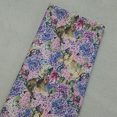 PUMCRAFT Sewing Fabric 100% Cotton Fabric Purple Pink Blue Flower & Animals Printed Sewing Cloth Dress Clothing Textile Tissue - 50cm - 105cm Fabric Patchwork Craft