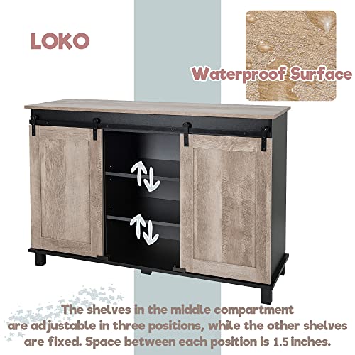 LOKO Farmhouse Buffet Cabinet with Storage, Rustic Bar Cabinet with 2 Sliding Barn Doors, Kitchen Sideboard Storage Cabinet with Adjustable Shelves, 48 x 16 x 33 inches