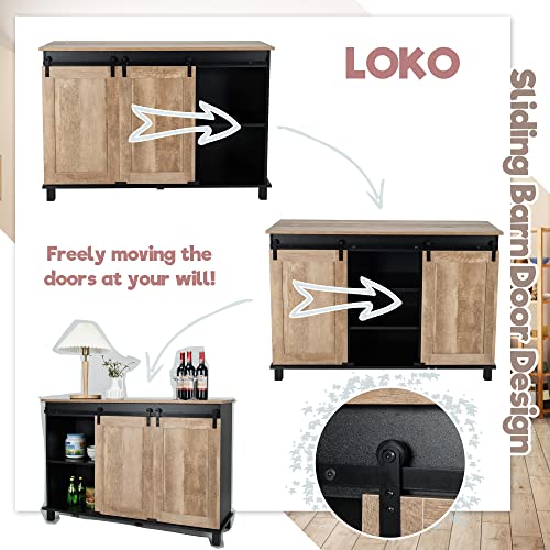 LOKO Farmhouse Buffet Cabinet with Storage, Rustic Bar Cabinet with 2 Sliding Barn Doors, Kitchen Sideboard Storage Cabinet with Adjustable Shelves, 48 x 16 x 33 inches