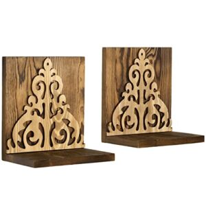 MyGift Wall Mounted Rustic Burnt Solid Wood Decorative L-Shaped Floating Display Shelf with Vintage Carved Scrollwork Decal Accent, Set of 2