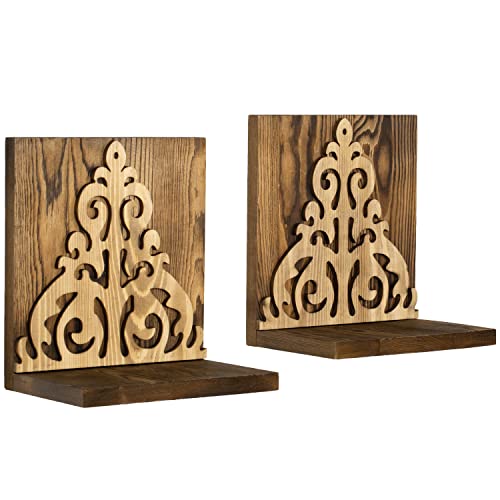 MyGift Wall Mounted Rustic Burnt Solid Wood Decorative L-Shaped Floating Display Shelf with Vintage Carved Scrollwork Decal Accent, Set of 2