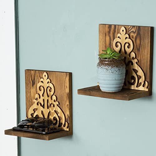 MyGift Wall Mounted Rustic Burnt Solid Wood Decorative L-Shaped Floating Display Shelf with Vintage Carved Scrollwork Decal Accent, Set of 2