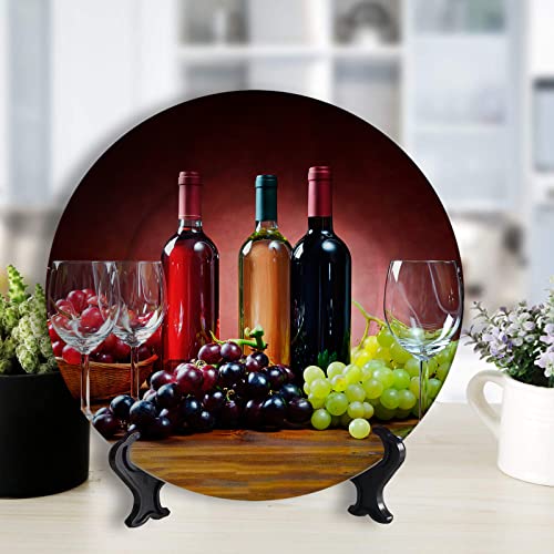 Kalen Still Life Wine Grapes Bottle Stemware Decorative Plate Wall Hanging Wedding Gifts Household for Home Decor Porcelain Plates with Display Stand 6 inches