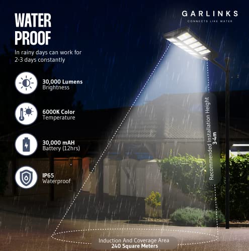 Garlinks 500W Solar Street Lights Outdoor 30000 Lumens - Motion Sensor Solar Parking Lot Lights - IP65 Waterproof LED Solar Street Light – 6500K Bright Wide-Angle, Garden, Park, Stadium Lights