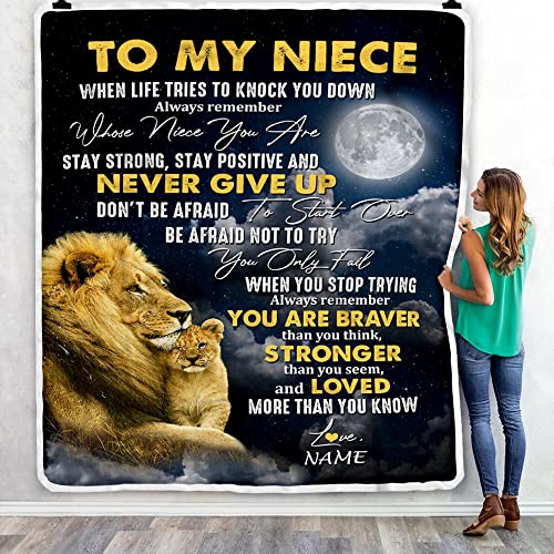 TeesNow Personalized to My Niece Blanket from Uncle Aunt Lion Never Give Up Niece Birthday Graduation Christmas Customized Fleece Throw Blanket (50 x 60 Inches - Youth Size)