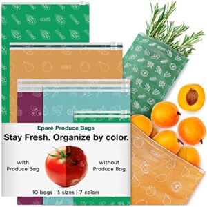 eparé reusable produce bags for grocery washable - set of 10 bulk vegetable bags for refrigerator - grocery store produce bags - green crisper bag for fruit & other veggie products