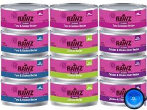 rawz natural premium canned cat wet food shredded -12 pack cans variety bundle pack -4 flavors - (tuna & salmon, chicken & liver, tuna & chicken, chicken) with hotspot pets food bowl - (3oz cans)