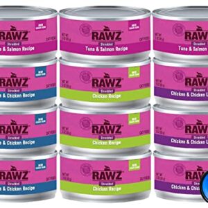 Rawz Natural Premium Canned Cat Wet Food Shredded -12 Pack Cans Variety Bundle Pack -4 Flavors - (Tuna & Salmon, Chicken & Liver, Tuna & Chicken, Chicken) with Hotspot Pets Food Bowl - (3oz Cans)