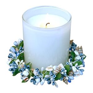 6 Inch Seashell and Pearlized Berry Candle Ring in Blue, White, Green and Tan - Holds 3.75 Inch Pillar Candle, Seaside Beach Décor Candleholder