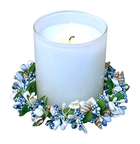6 Inch Seashell and Pearlized Berry Candle Ring in Blue, White, Green and Tan - Holds 3.75 Inch Pillar Candle, Seaside Beach Décor Candleholder