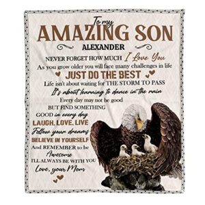 Toyshea Son Blanket from Mom to My Son Personalized Eagle Blankets Son Birthday Gifts from Mother Soft Flannel Fleece Sherpa Throws with Positive Energy Encourage Sayings Bed Couch Sofa Decoration