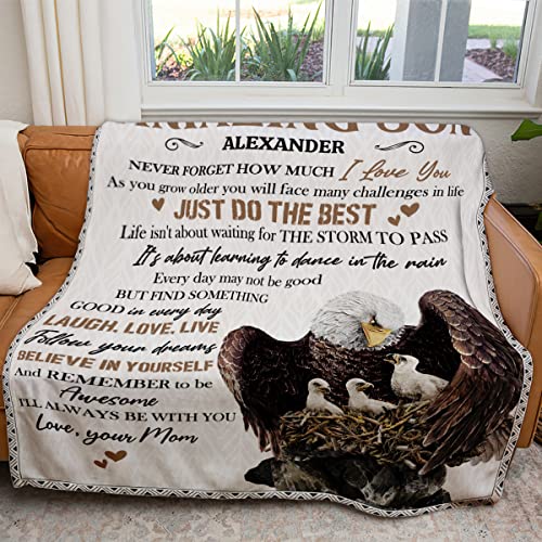 Toyshea Son Blanket from Mom to My Son Personalized Eagle Blankets Son Birthday Gifts from Mother Soft Flannel Fleece Sherpa Throws with Positive Energy Encourage Sayings Bed Couch Sofa Decoration