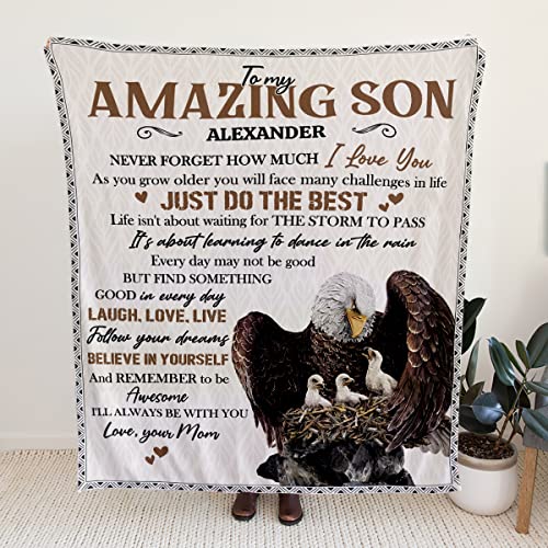 Toyshea Son Blanket from Mom to My Son Personalized Eagle Blankets Son Birthday Gifts from Mother Soft Flannel Fleece Sherpa Throws with Positive Energy Encourage Sayings Bed Couch Sofa Decoration