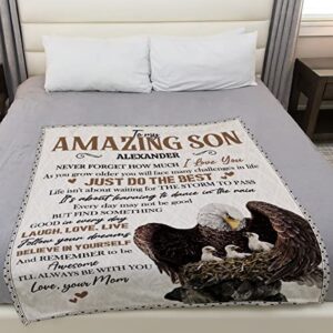 Toyshea Son Blanket from Mom to My Son Personalized Eagle Blankets Son Birthday Gifts from Mother Soft Flannel Fleece Sherpa Throws with Positive Energy Encourage Sayings Bed Couch Sofa Decoration