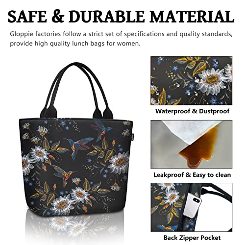 Gloppie Lunch Bag Women Insulated Lunch Bag Adults Lunch Box Leakproof Lunch Tote Thermal Cooler Bag Meal Prep Bag Snack Bags for Work Travel Picnic Hummingbird Daisy 9L