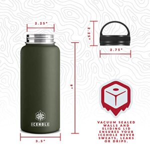 ICEHOLE 32 oz Wide Mouth Water Bottle with Handle Lid - Stainless Steel Double Wall Insulated Water Bottle - Sweat Proof BPA-Free Metal Thermos Bottle for Gym, Sports, Travel (Green)