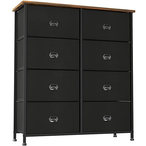 C&AHOME Fabric Dresser, Tall Double Dresser with 8 Drawers, Storage Tower with Fabric Bins, 4-Tier Wide Chest of Drawers for Closet, Bedroom, Living Room, Hallway, Rustic Brown and Black UDDST08B