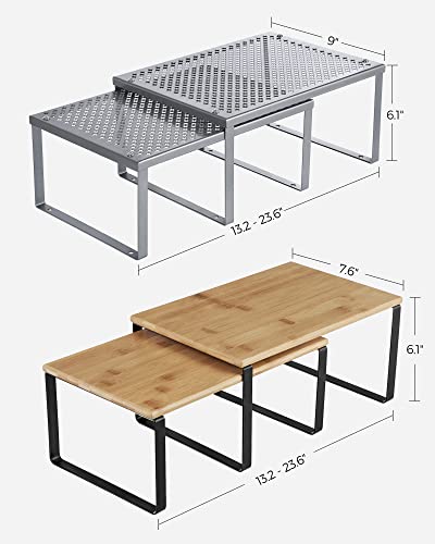 SONGMICS Bamboo Shelf Organizers and Metal Shelf Organizers Bundle, Stackable, Expandable Kitchen Shelves, Black and Natural and Silver UKCS02NB and UKCS01SV