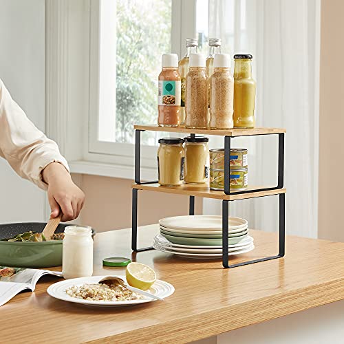 SONGMICS Bamboo Shelf Organizers and Metal Shelf Organizers Bundle, Stackable, Expandable Kitchen Shelves, Black and Natural and Silver UKCS02NB and UKCS01SV