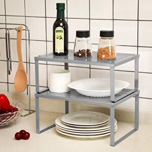 SONGMICS Bamboo Shelf Organizers and Metal Shelf Organizers Bundle, Stackable, Expandable Kitchen Shelves, Black and Natural and Silver UKCS02NB and UKCS01SV