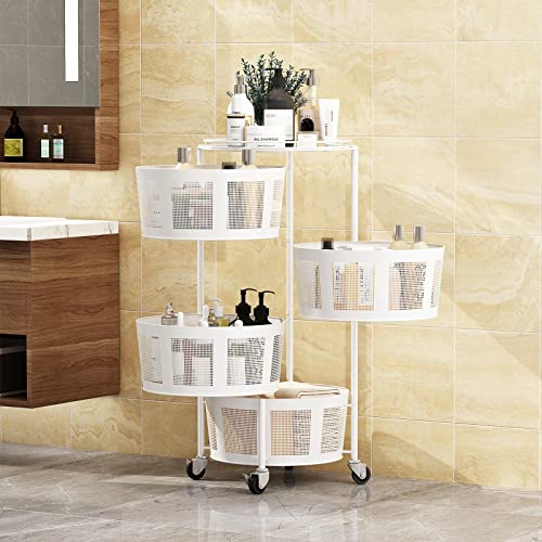 STYLIFING 4 Tier Rotating Shelf with Lockable Wheels, Storage Cart for Vegetable Fruits Metal Household Organizer Corner Shelf for Kitchen Living Room Bathroom, White