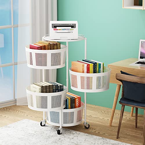 STYLIFING 4 Tier Rotating Shelf with Lockable Wheels, Storage Cart for Vegetable Fruits Metal Household Organizer Corner Shelf for Kitchen Living Room Bathroom, White