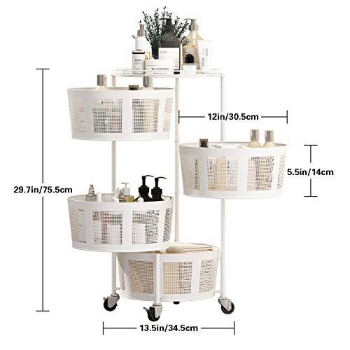 STYLIFING 4 Tier Rotating Shelf with Lockable Wheels, Storage Cart for Vegetable Fruits Metal Household Organizer Corner Shelf for Kitchen Living Room Bathroom, White