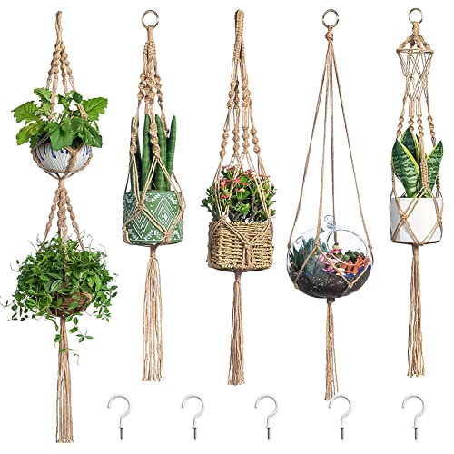 PIKAMAO Macrame Plant Hanger, 5pcs Jute Plant Hanger Indoor with 5pcs Hooks, Handmade Weave Hanging Plant Holder for Indoor Outdoor Boho Home Décor