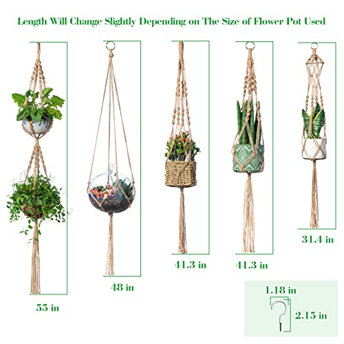 PIKAMAO Macrame Plant Hanger, 5pcs Jute Plant Hanger Indoor with 5pcs Hooks, Handmade Weave Hanging Plant Holder for Indoor Outdoor Boho Home Décor