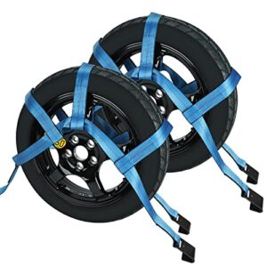 set of 2 tow dolly straps with flat hook, blue adjustable tow dolly straps, fits most 16-20" tires webbing ratchet straps