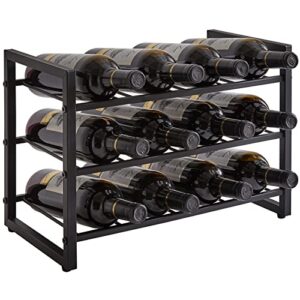 ibuyke wine rack, stackable wine storage shelf, liquor bottle holders, 3 tier for 12 bottles, inserts for cabinet, countertop, pantry, bar, small space, study steel water bottle organizer tmj906h