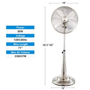 TinaMros 16'' Metal Pedestal Fan quiet, Standing Fan, High Velocity 3-Speed and Adjustable Height for Bedroom, Living Room, shop, Home, Office & College Dorm (Brushed Nickel)