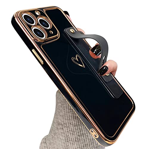 KANGHAR Designed for iPhone 11 Pro Max Case with Wrist Strap Loop Luxury Love Heart Plating Gold Bumper Phone Cover Wristband Kickstand Full Body Protective Slim Case for Women-Black