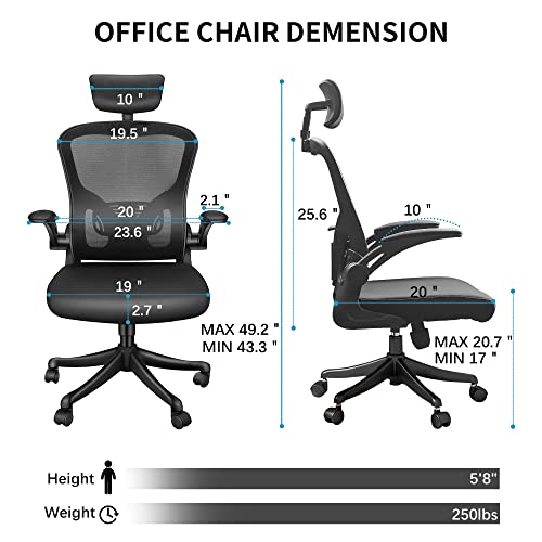 NOXXON Ergonomic Office Chair,Office Chair,High Back Tilt Ergonomic Home Office Desk Chair Black Adjustable Height Computer Chair with Flip Up Arms & Headrest & Lumbar Support & Rolling Wheels