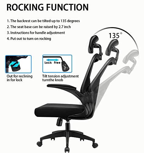 NOXXON Ergonomic Office Chair,Office Chair,High Back Tilt Ergonomic Home Office Desk Chair Black Adjustable Height Computer Chair with Flip Up Arms & Headrest & Lumbar Support & Rolling Wheels