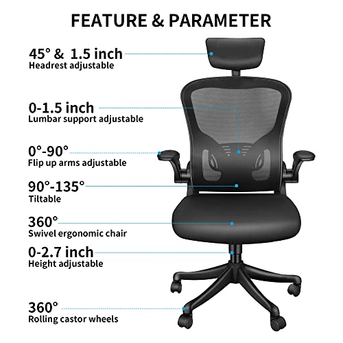 NOXXON Ergonomic Office Chair,Office Chair,High Back Tilt Ergonomic Home Office Desk Chair Black Adjustable Height Computer Chair with Flip Up Arms & Headrest & Lumbar Support & Rolling Wheels