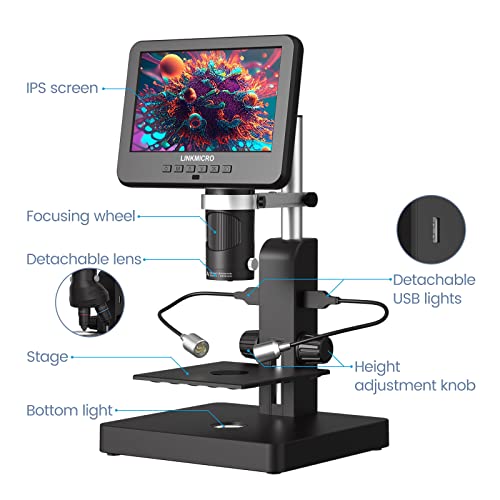 LINKMICRO 3 Lens HDMI Digital Microscope Adult Kids 2000X LM246S 7'' IPS Error Coin Microscope Full View of Coins UHD 2160P, STEM Biological Microscope Kit, Windows, 32G SD Card