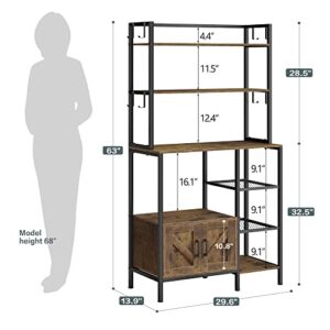 EnHomee 6-Tier Kitchen Bakers Rack with Hutch, Industrial Microwave Oven Stand with Shelves, Utility Storage Shelf with Cabinet & 8 Hooks, Hutch, Rustic Brown