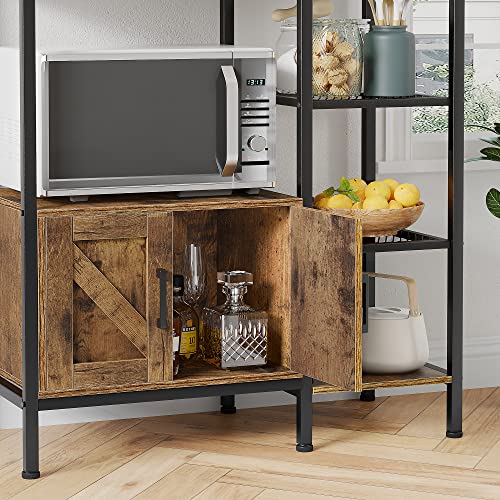 EnHomee 6-Tier Kitchen Bakers Rack with Hutch, Industrial Microwave Oven Stand with Shelves, Utility Storage Shelf with Cabinet & 8 Hooks, Hutch, Rustic Brown