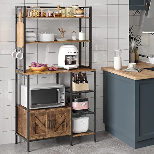 EnHomee 6-Tier Kitchen Bakers Rack with Hutch, Industrial Microwave Oven Stand with Shelves, Utility Storage Shelf with Cabinet & 8 Hooks, Hutch, Rustic Brown